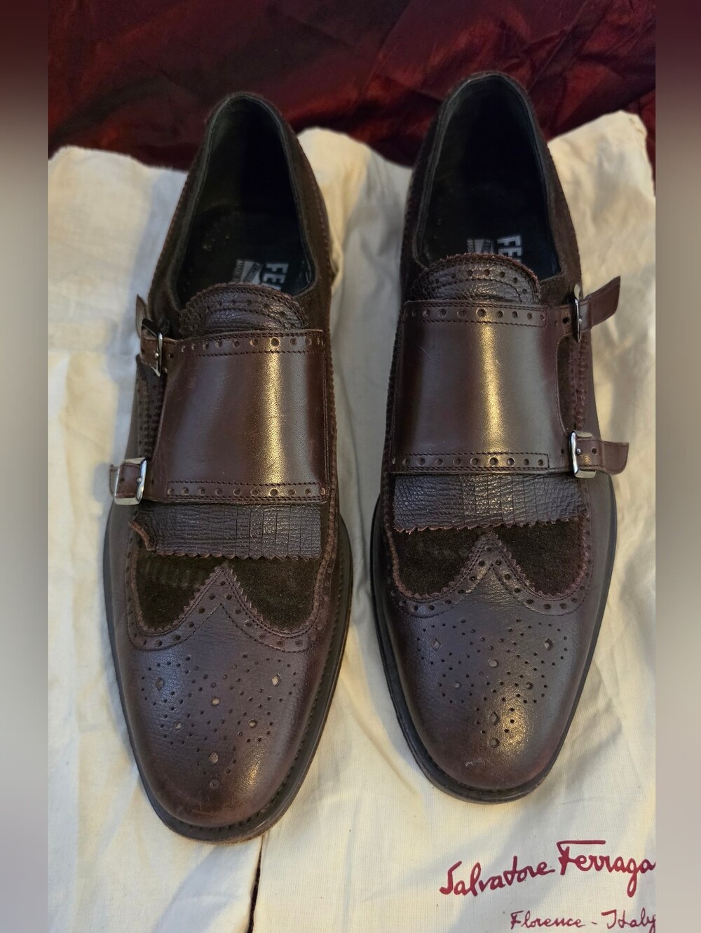 Salvatore Ferragamo Men's Brown Double Monk Wingtip Loafers